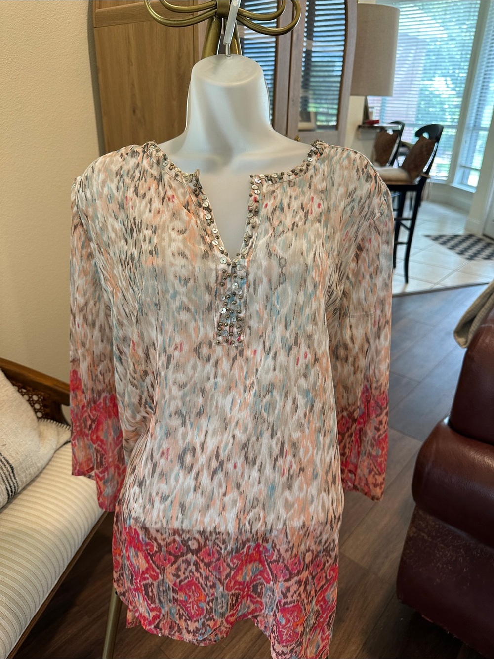 Chico’s V-Neck Multicolor Printed Women's Tunic - Pink Accent